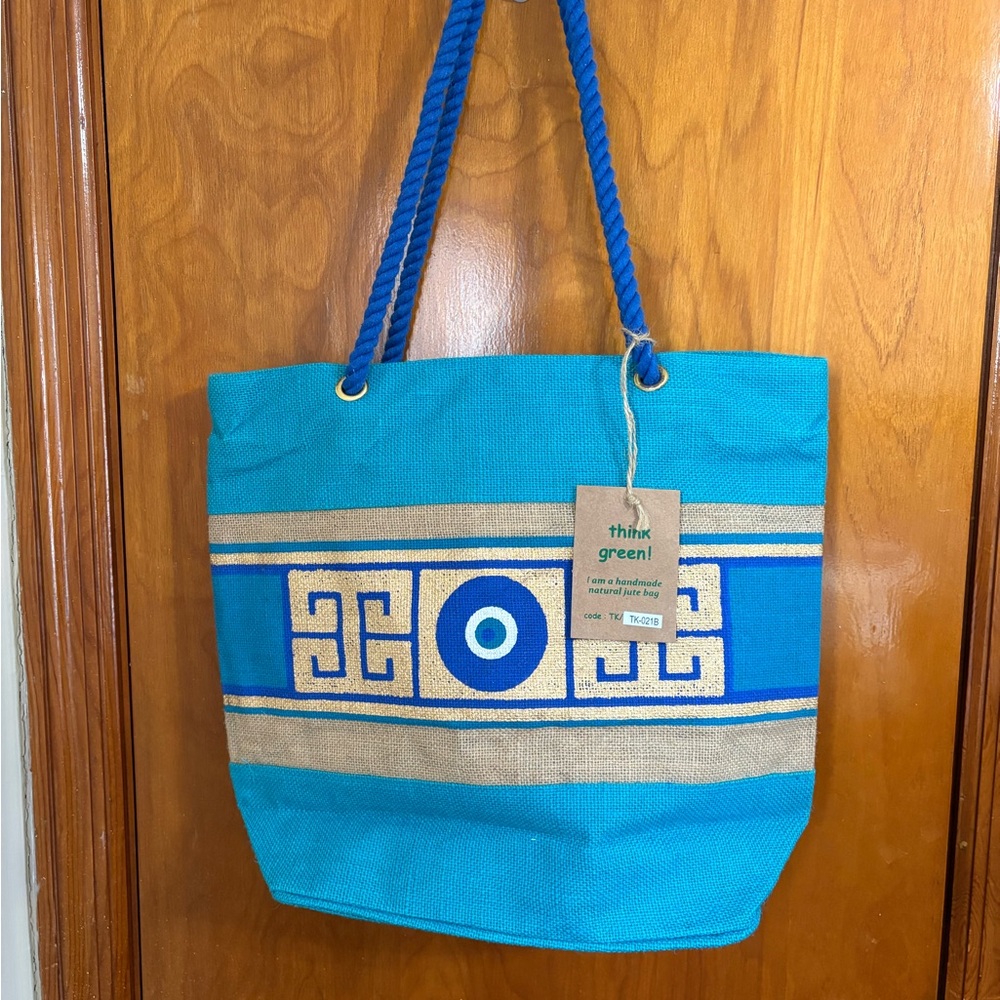 New Handmade Jute Large Evil Eye turquoise gold blue zip closure lined tote